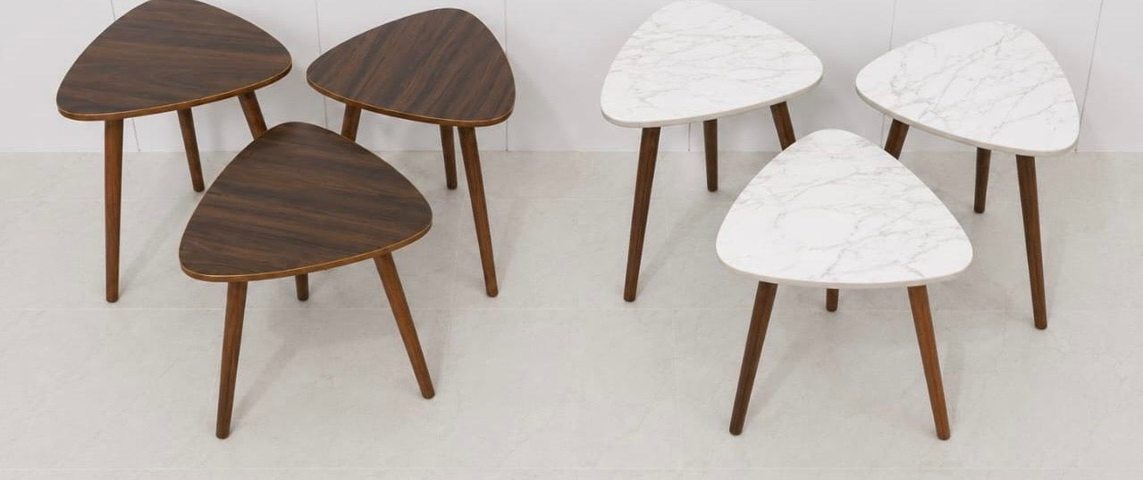 3-piece wooden nesting table sets featuring triangle-shaped tops in walnut wood and white marble finishes.