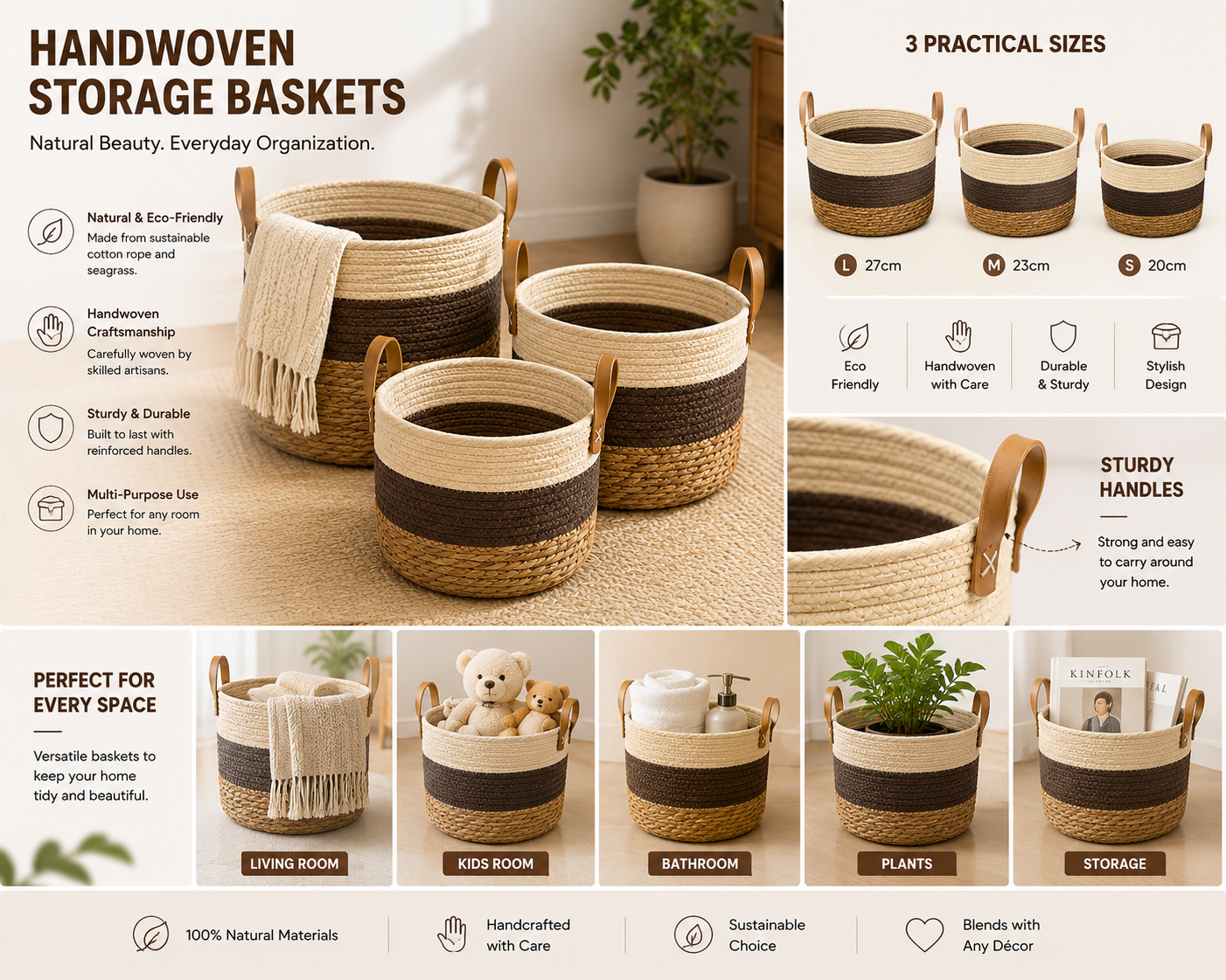 3-Piece Handwoven Storage Basket Set 26 cm 28 cm 31cm