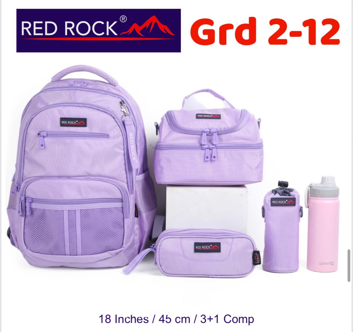 Red rock Backpack+Lunch bag+Pencil case+Bottle holder Grd 2-12