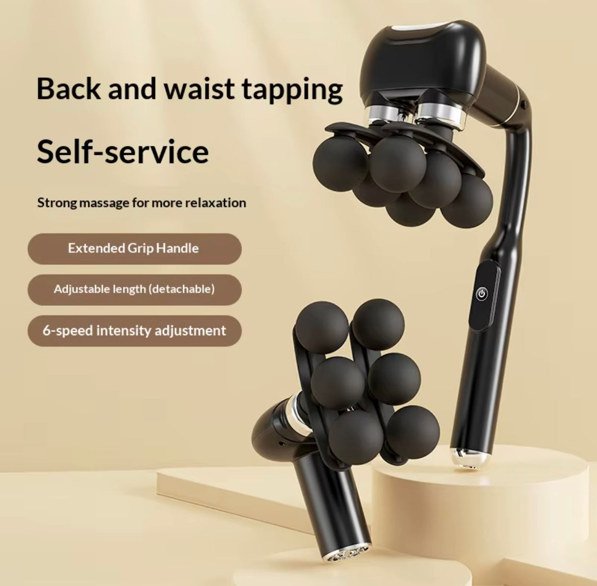 6-Head and speed Massage Gun U-Shaped back massager with an extended Handle for reaching difficult areas.