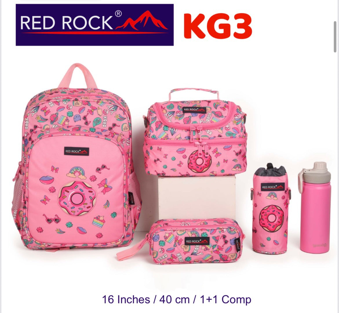 Red rock backpack +bottle holder + lunch bag good for kids 5-6 years old or KG3