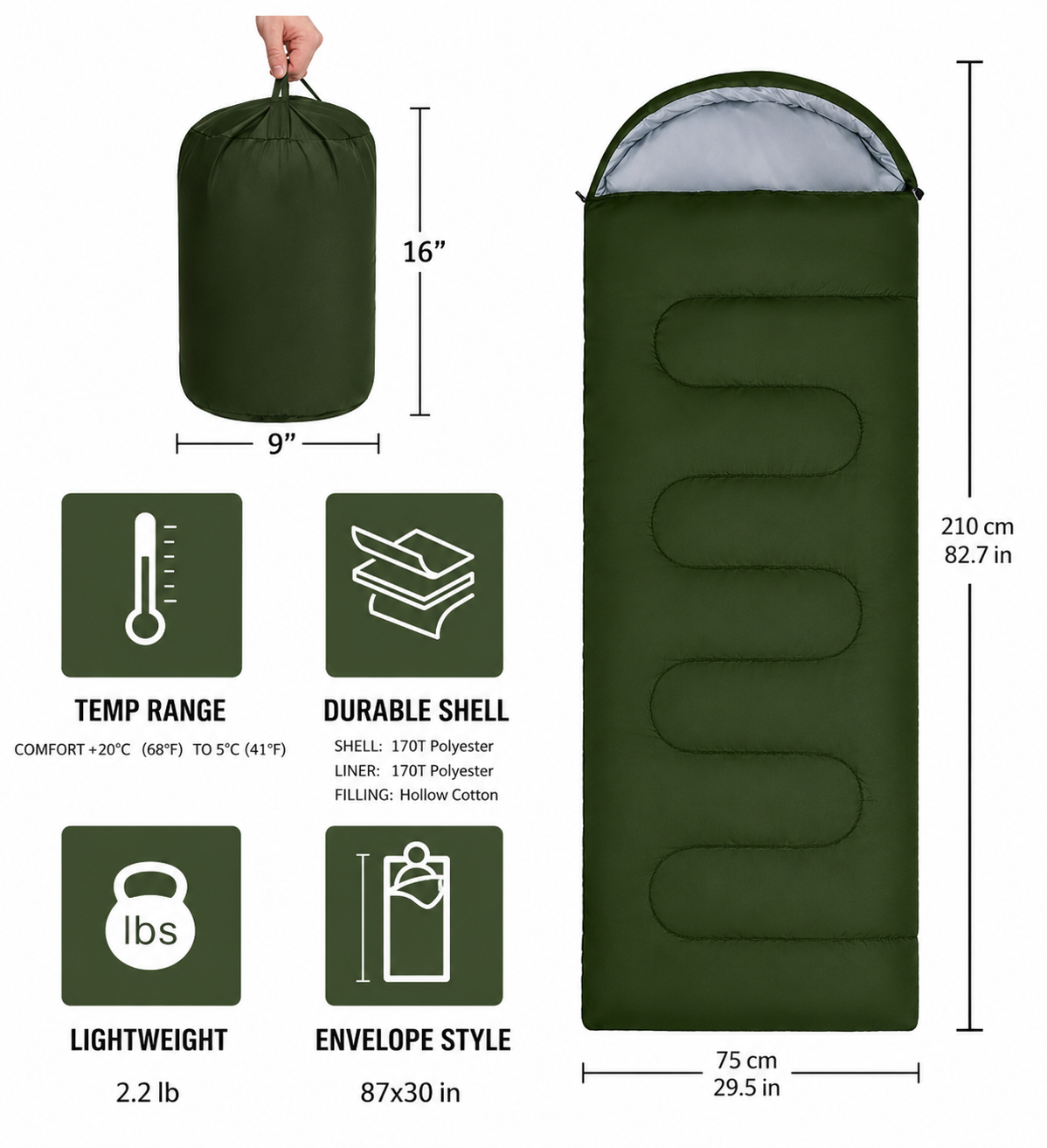 Green 1400g-1000g envelope-style sleeping bag features a waterproof polyester shell and includes a storage sack for easy transport.