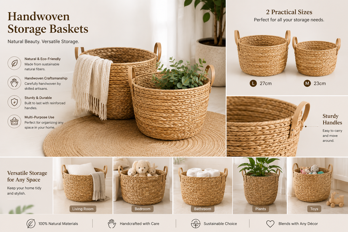 3-Piece Handwoven Storage Basket Set 23 cm 27 cm 31cm