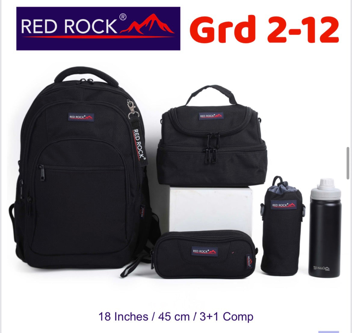 Red rock Backpack+Lunch bag+Pencil case+Bottle holder Grd 2-12
