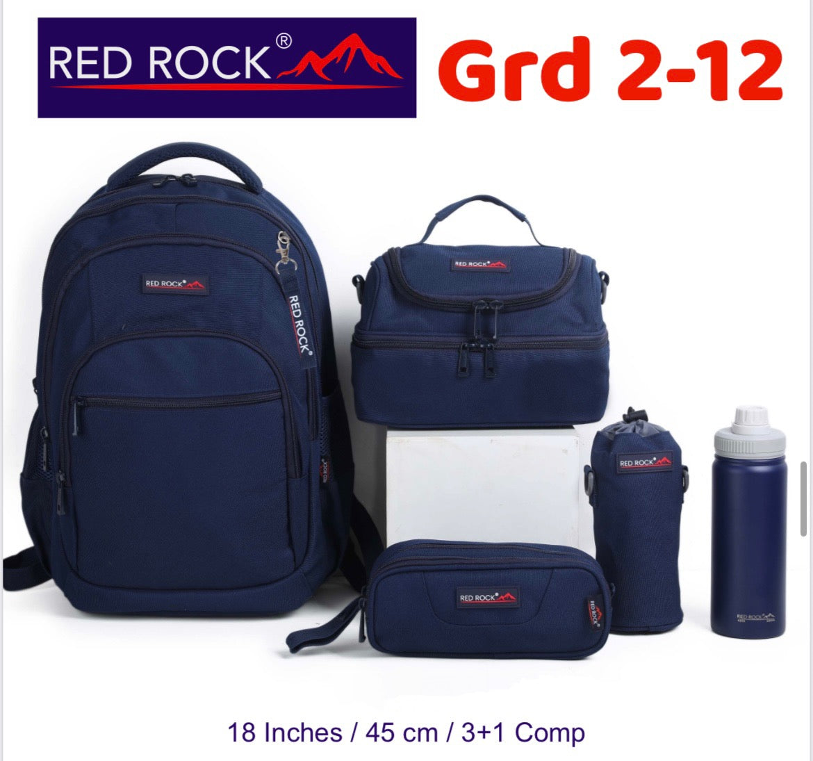 Red rock Backpack+Lunch bag+Pencil case+Bottle holder Grd 2-12