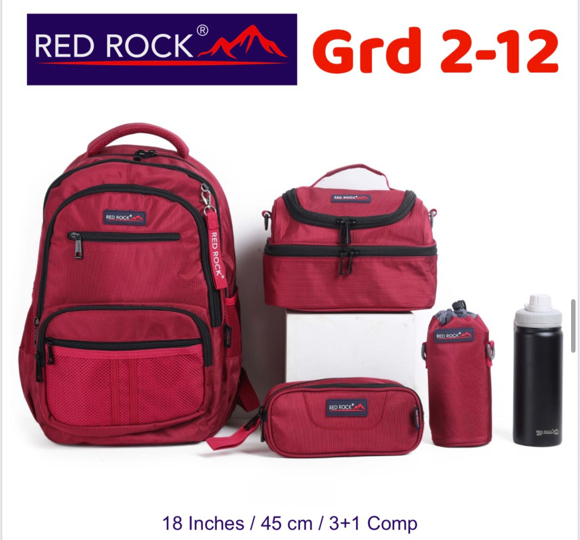 Red rock Backpack+Lunch bag+Pencil case+Bottle holder Grd 2-12