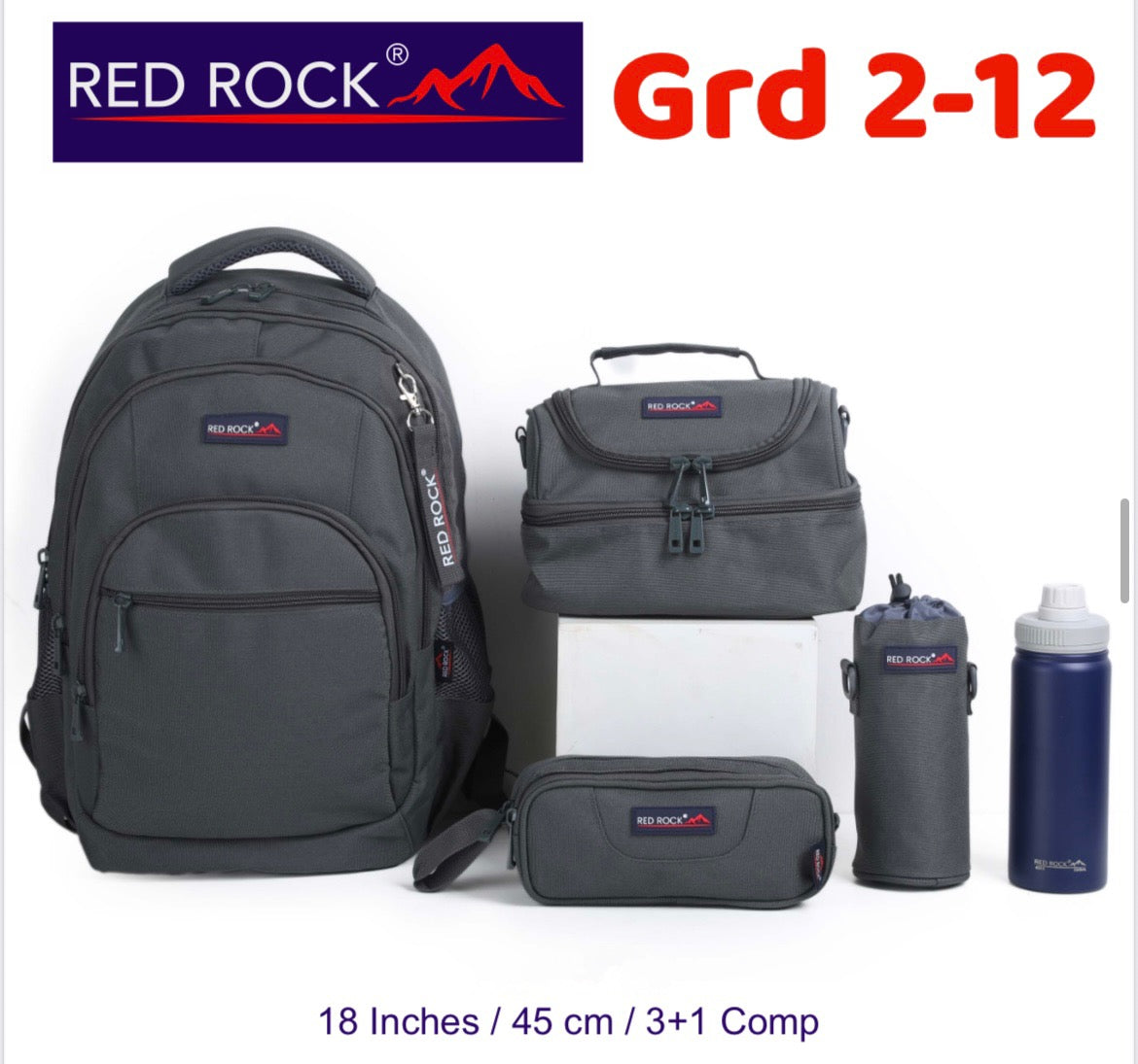 Red rock Backpack+Lunch bag+Pencil case+Bottle holder Grd 2-12