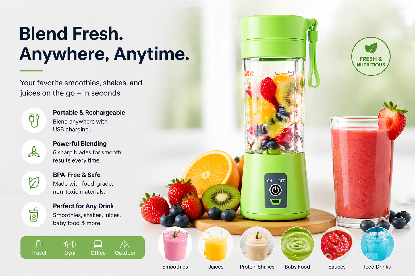 Six blade portable juicer blender 380 ml USB recharge waterproof with two step push to start for safety precautions