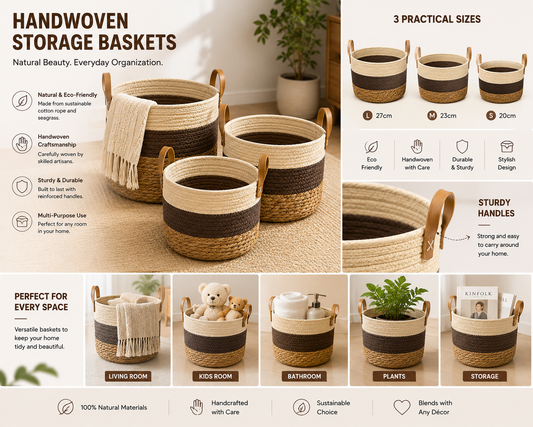 3-Piece Handwoven Storage Basket Set 26 cm 28 cm 31cm