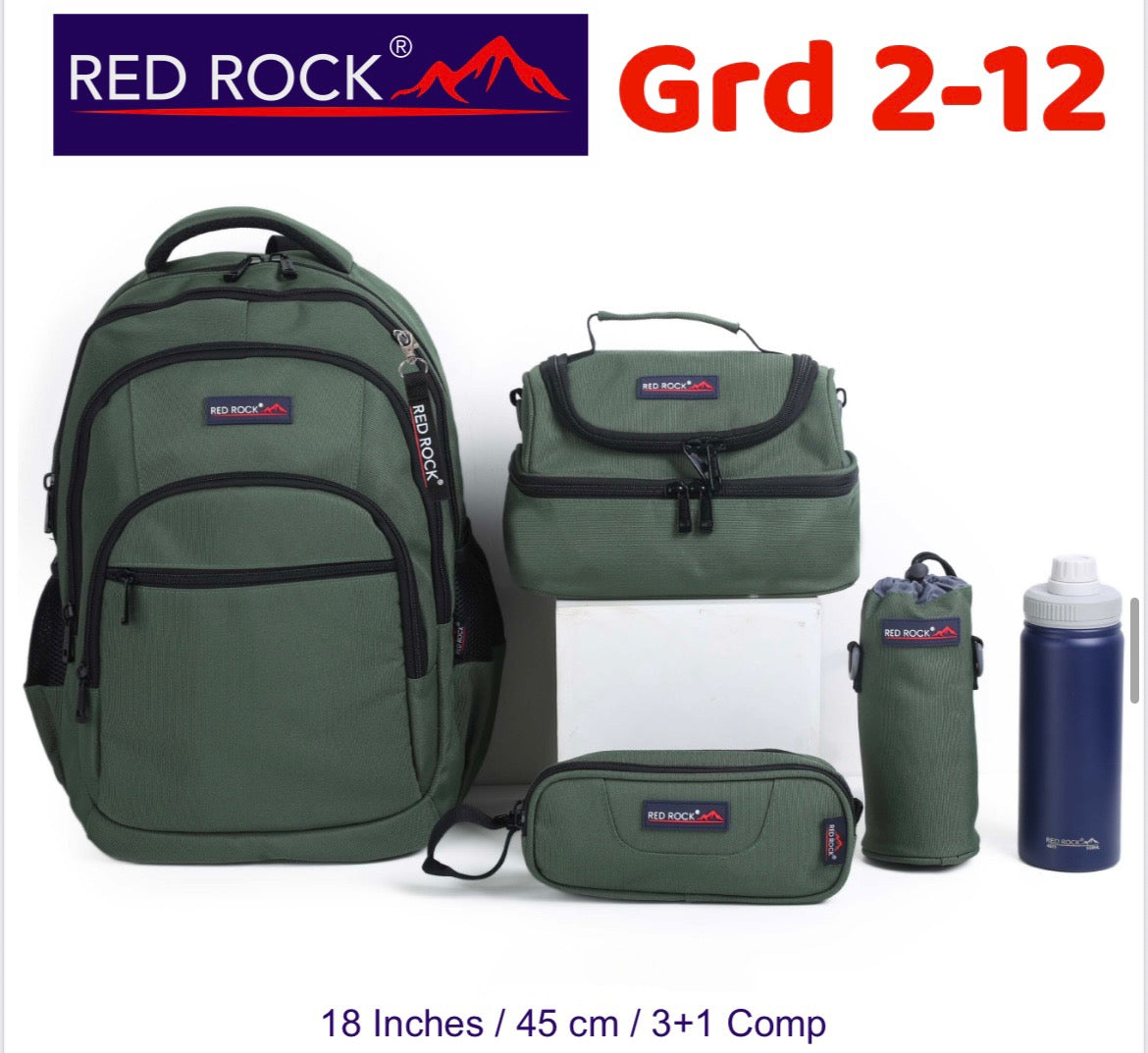 Red rock Backpack+Lunch bag+Pencil case+Bottle holder Grd 2-12