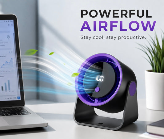 Rechargeable Desktop Fan USB,  0-100 Speed limit Adjustment, LED Display, 3/6/9H Timer, 180° Rotatable
