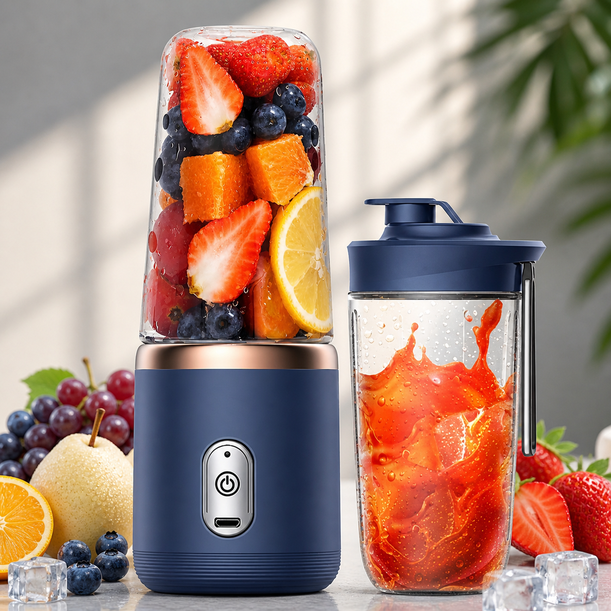8 blade portable juicer blander with 2 cup 400 ml x2 waterproof USB rechargeable two step push to start for safety precautions