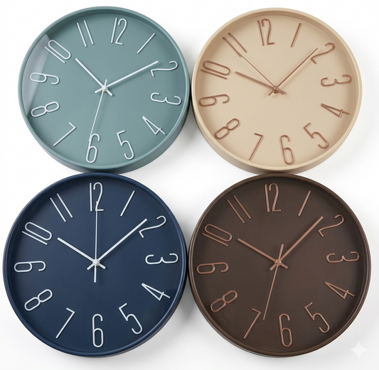 30cm modern analog wall clocks battery powered in 4 colors Green,Beige,Navy Blue and Brown