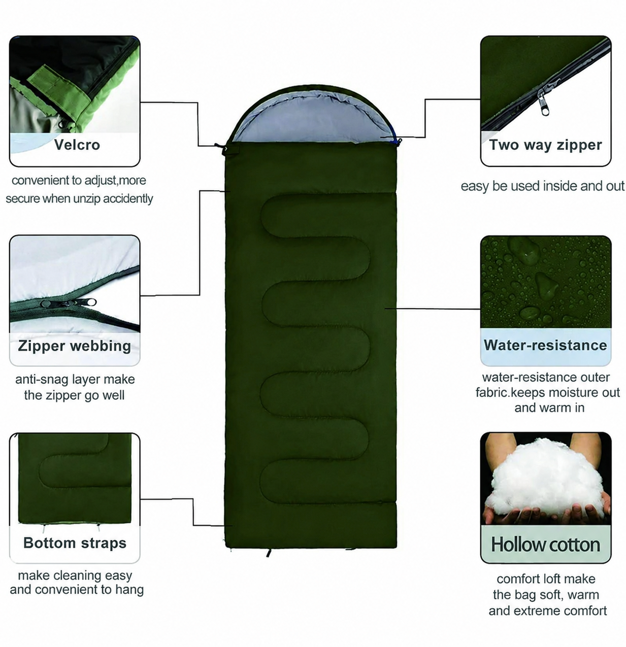 Green 1400g-1000g envelope-style sleeping bag features a waterproof polyester shell and includes a storage sack for easy transport.