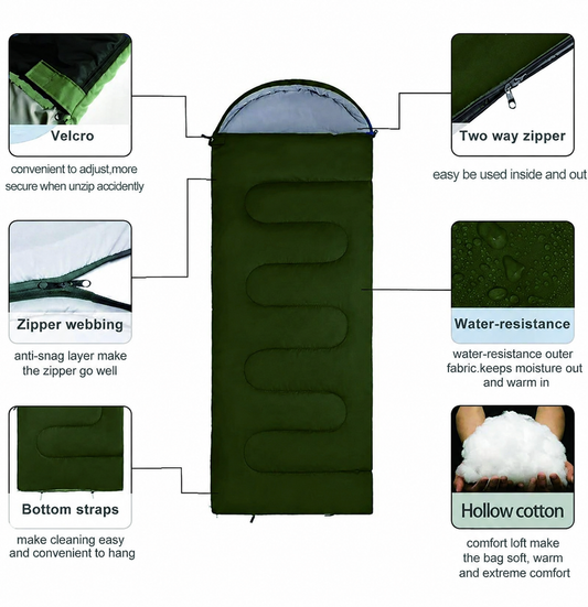 Green 1400g-1000g envelope-style sleeping bag features a waterproof polyester shell and includes a storage sack for easy transport.