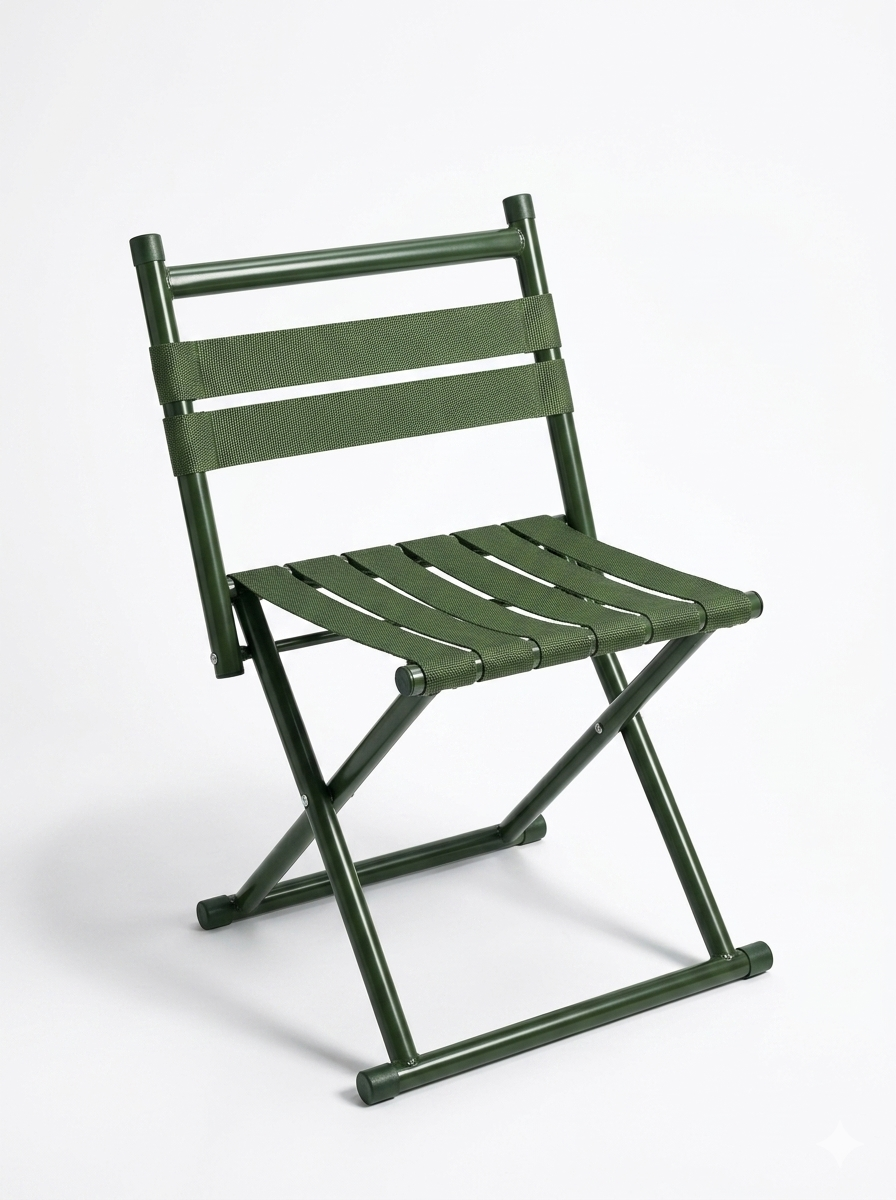 Green portable folding webbed chair designed for fishing and camping