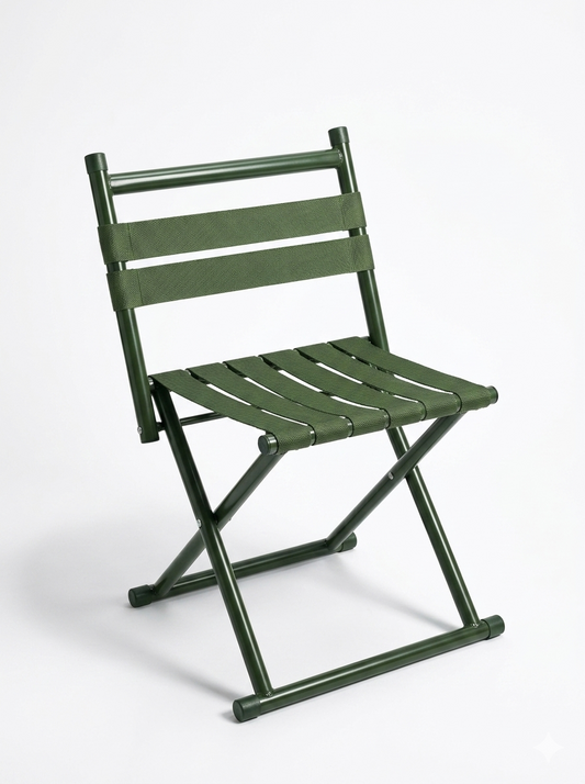 Green portable folding webbed chair designed for fishing and camping