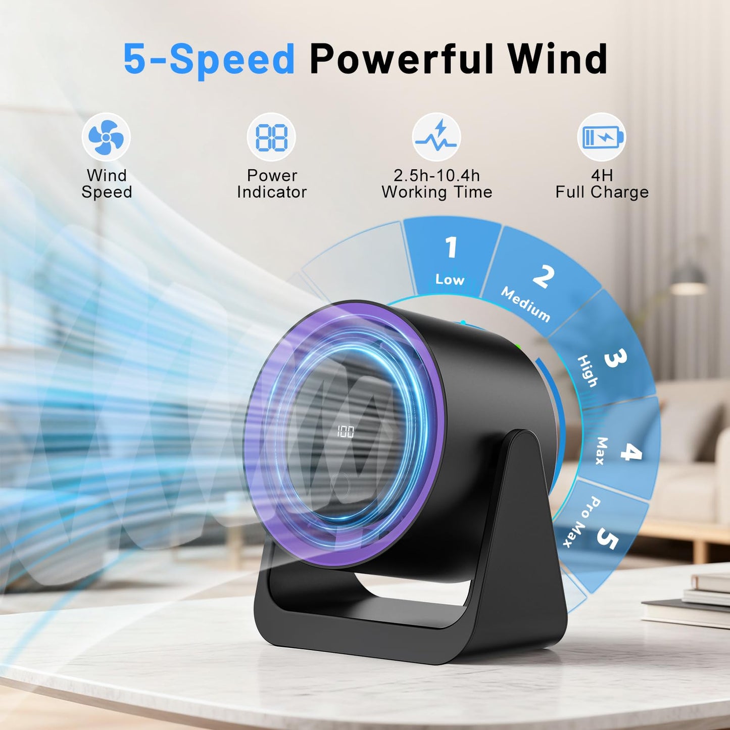 Desk Fan USB,  0-100 Speed limit Adjustment, LED Display, 3/6/9H Timer, 180° Rotatable