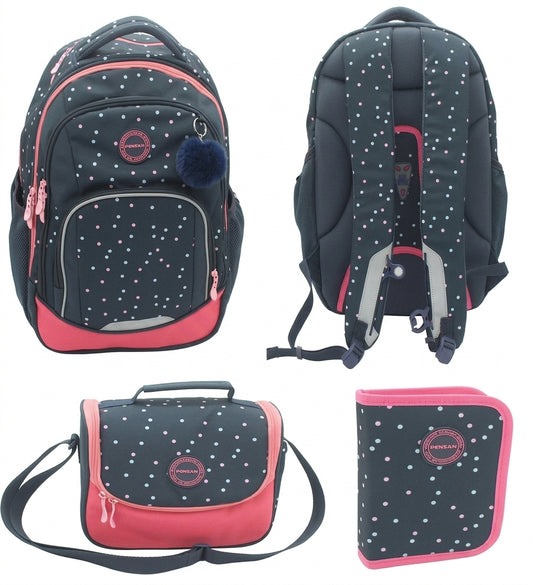 PINK,BALCK 3 layers PENSAN school backpack, Pencil case + FREE LUNCH BAG AND FREE DELIVERY