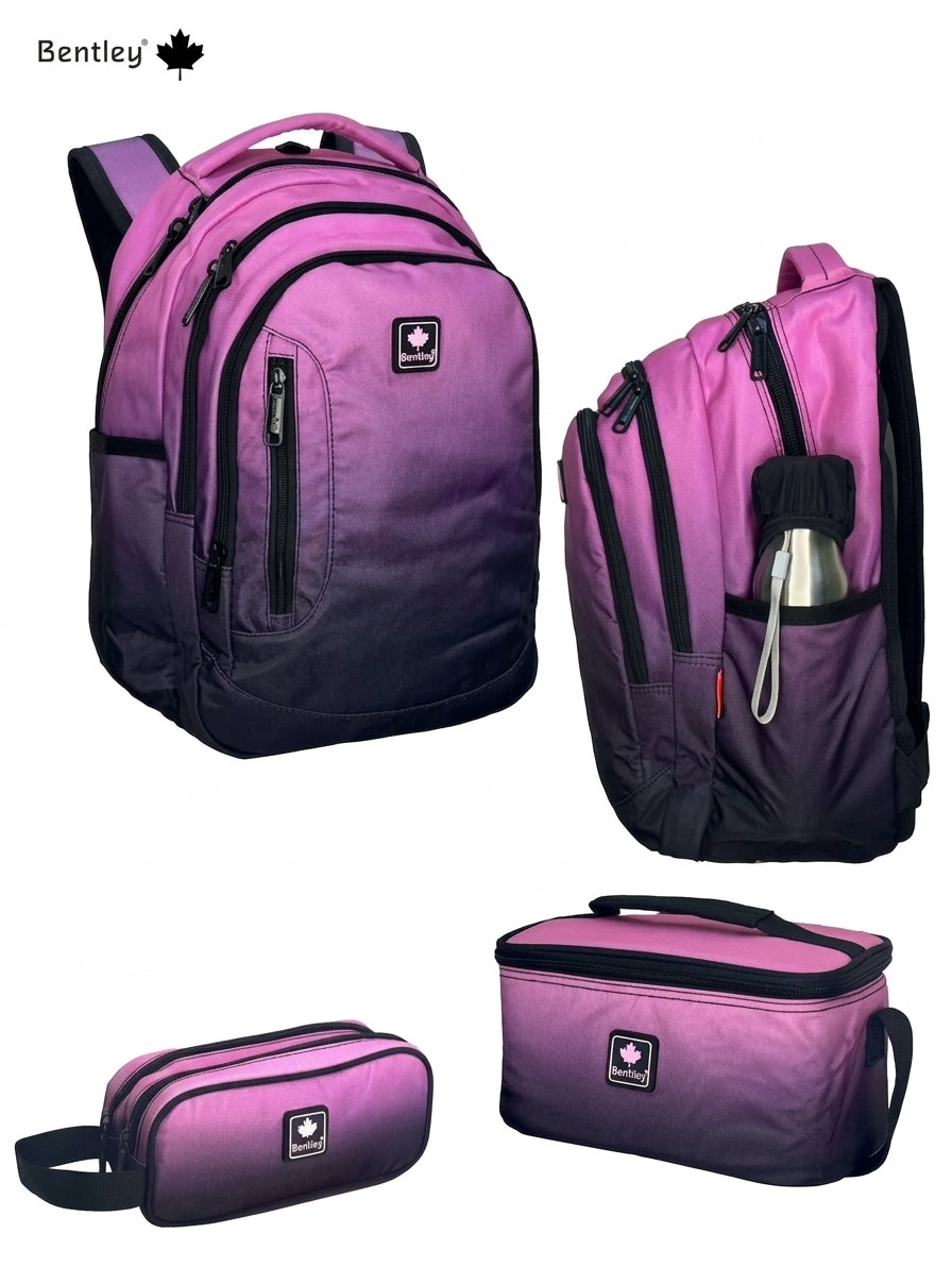 Bentley comp 3+1 Pink color backpack,pencil case and lunch bag hood for  grade 2-12 or 7 to 18 years old