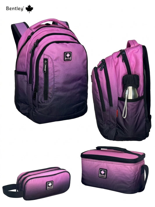 Bentley comp 3+1 Pink color backpack,pencil case and lunch bag hood for  grade 2-12 or 7 to 18 years old