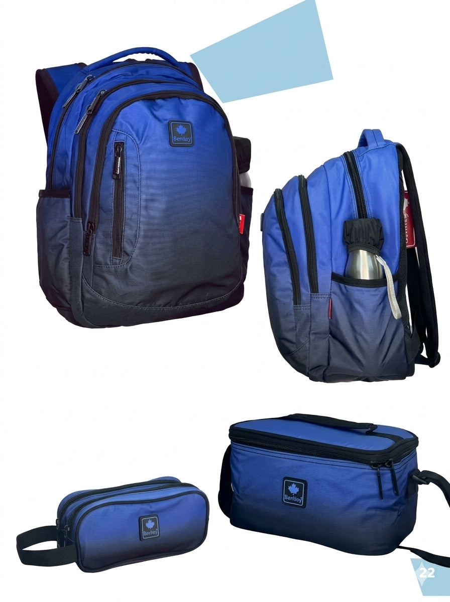 Bentley comp 3+1 Blue color backpack,pencil case and lunch bag hood for  grade 2-12 or 7 to 18 years old