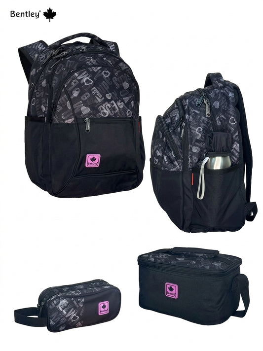 Bentley comp 2+1 love design backpack,pencil case and lunch bag hood for  grade 2-12 or 7 to 18 years old