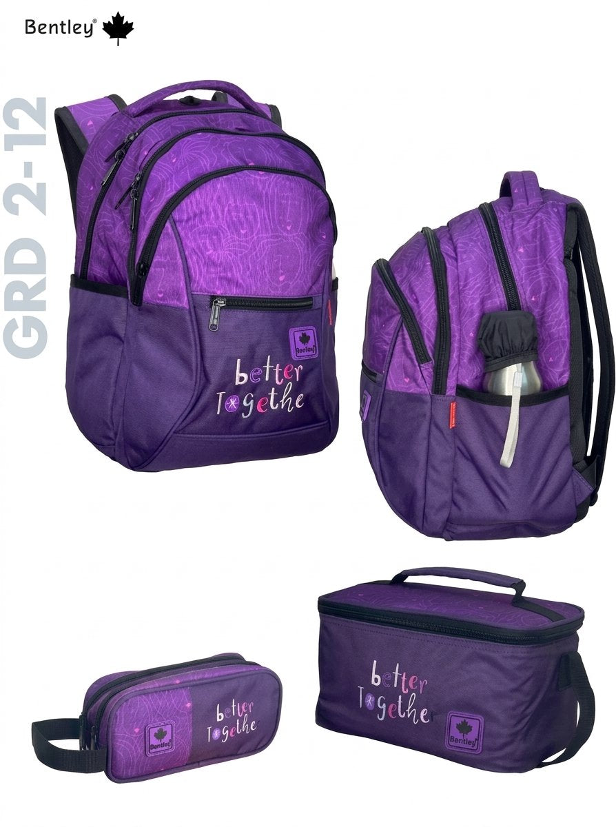 Bentley comp 2+1 purple color backpack,pencil case and lunch bag hood for  grade 2-12 or 7 to 18 years old