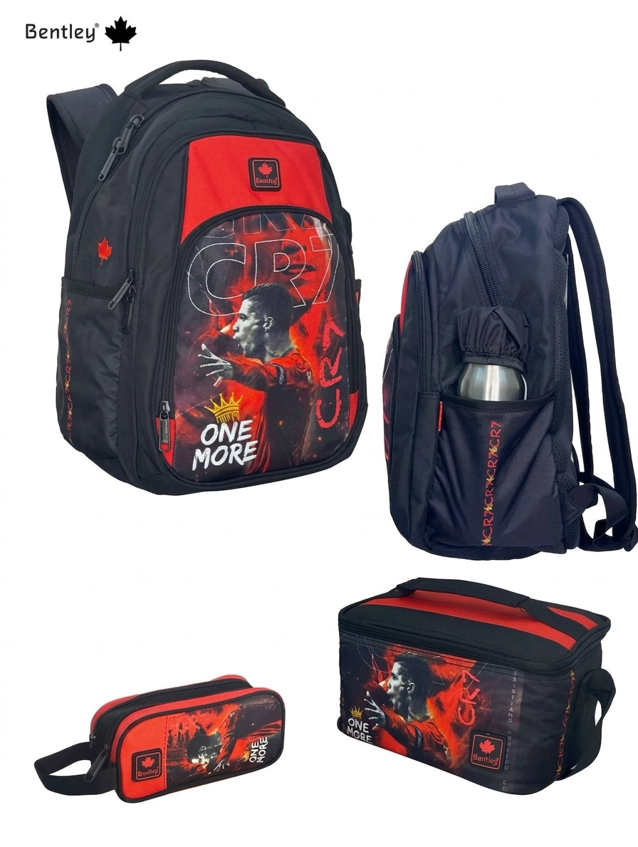 Bentley comp 2+1 Red color Cr7 design  backpack,pencil case and lunch bag hood for  grade 2-12 or 7 to 18 years old