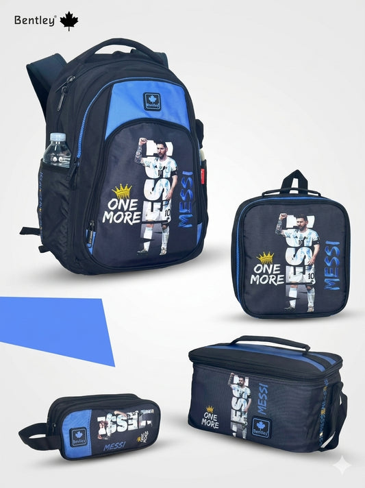 Bentley comp 2+1 Blue color Messi design backpack,pencil case and lunch bag hood for  grade 2-12 or 7 to 18 years old