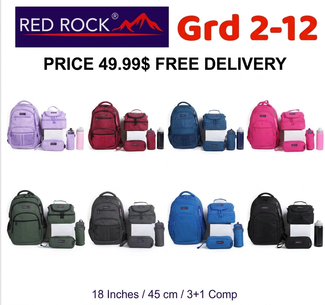 Red rock Backpack+Lunch bag+Pencil case+Bottle holder Grd 2-12